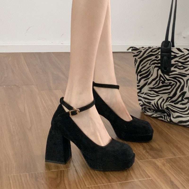 French Thick Heel Mary Jane High Heels for Women 2025 Spring New Large Size Square Toe Small Elegant Single Shoes That Are Not Tiring for the Feet