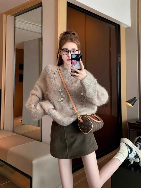 富家千金感穿搭美拉德重工亮片毛衣女秋冬季加厚针织衫半身裙套装|undefined