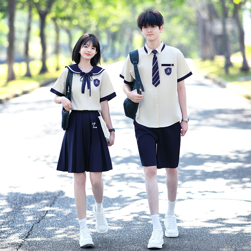 Graduation Photo Class Uniform, College Style Jk Uniform, Navy Collar Shirt Set, Stage Performance Outfit for Junior High School and Elementary School Students, Summer