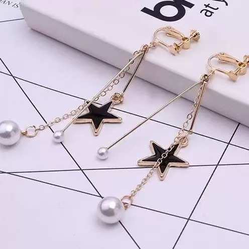 几何星星珍珠耳环长款气质耳坠女生个性五角星耳钉无耳洞耳夹