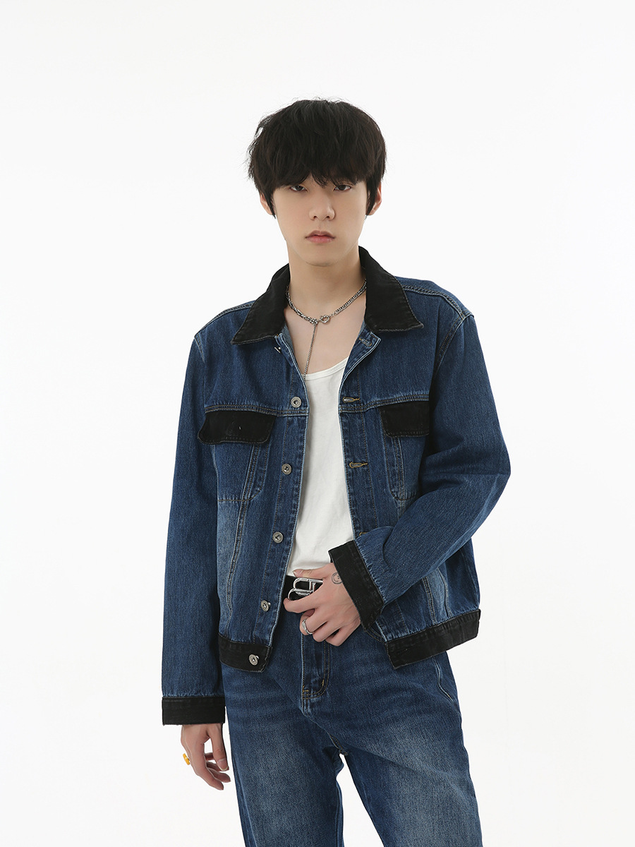 Mtlclothes ropa de Hombre | 2023 nuevo Hong Kong estilo retro contraste color costura pantalones acampanados Denim chaqueta traje moda