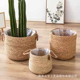 跨境简约手工编织收纳篓客厅落地盆栽阳台装饰波米风绿植杂物编筐