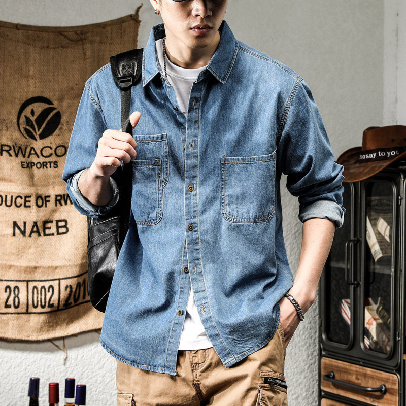 Spring ruffian handsome Denim work clothes long-sleeved shirt men's ins trendy all-match casual American retro shirt coat Spring ruffian handsome Denim work clothes long-sleeved shirt men's ins trendy all-match casual American retro shirt coat