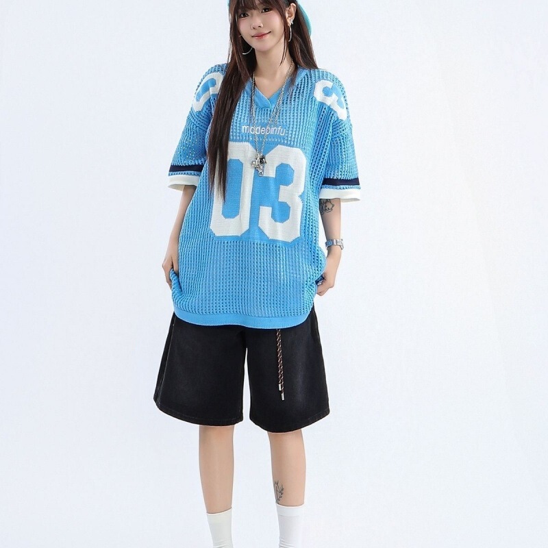 2026 New American-Style Sports Jersey Short-Sleeve T-Shirt for Women, Retro Loose Casual Street Style Sweet Hollow-Out V-Neck Top 2026 New American-Style Sports Jersey Short-Sleeve T-Shirt for Women, Retro Loose Casual Street Style Sweet Hollow-Out V-Neck Top