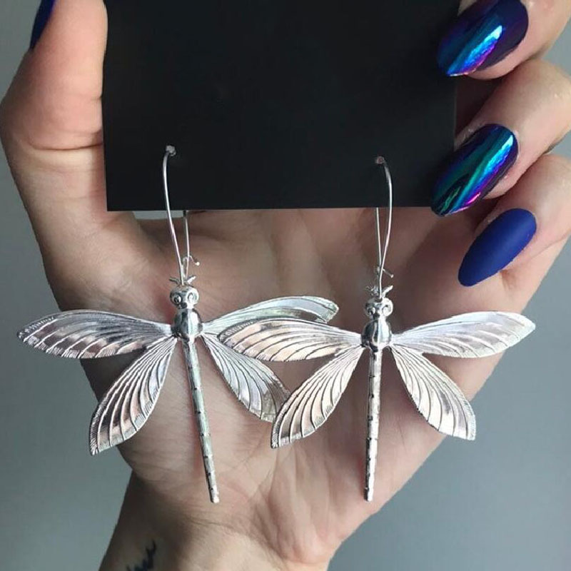 Creative new insect dragonfly long earrings cross-border hot geometric metal inlaid moonstone earrings jewelry wholesale