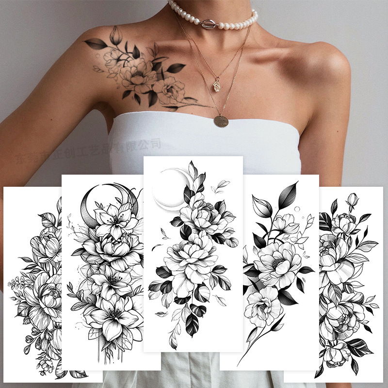 Cross Border Sketch Flower Tattoo Sticker Sketch Tattoo Sticker BK Rose Flower Black and White Flower Animal tat