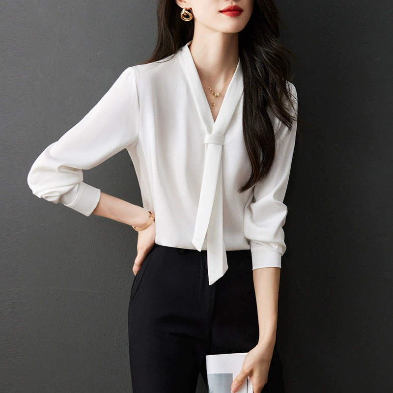 CS163 Женская рубашка-блузка из шифона с длинным рукавом и галстуком для полных женщин, профессиональная одежда для собеседований и работы, внутренний слой