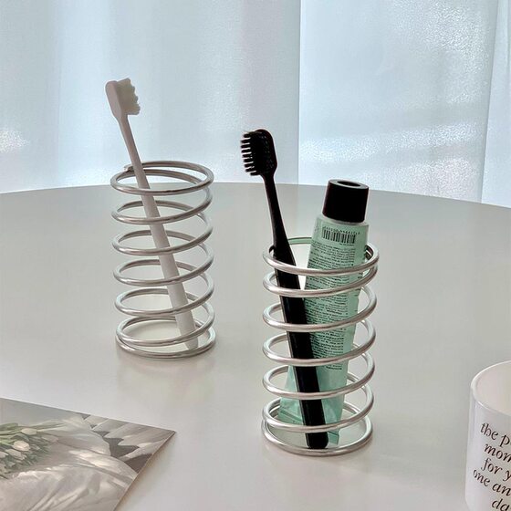 Ins Simple Stainless Steel Toothbrush Rack Cosmetic Brush Storage Tube Creative Spring Toothbrush Holder Storage Rack