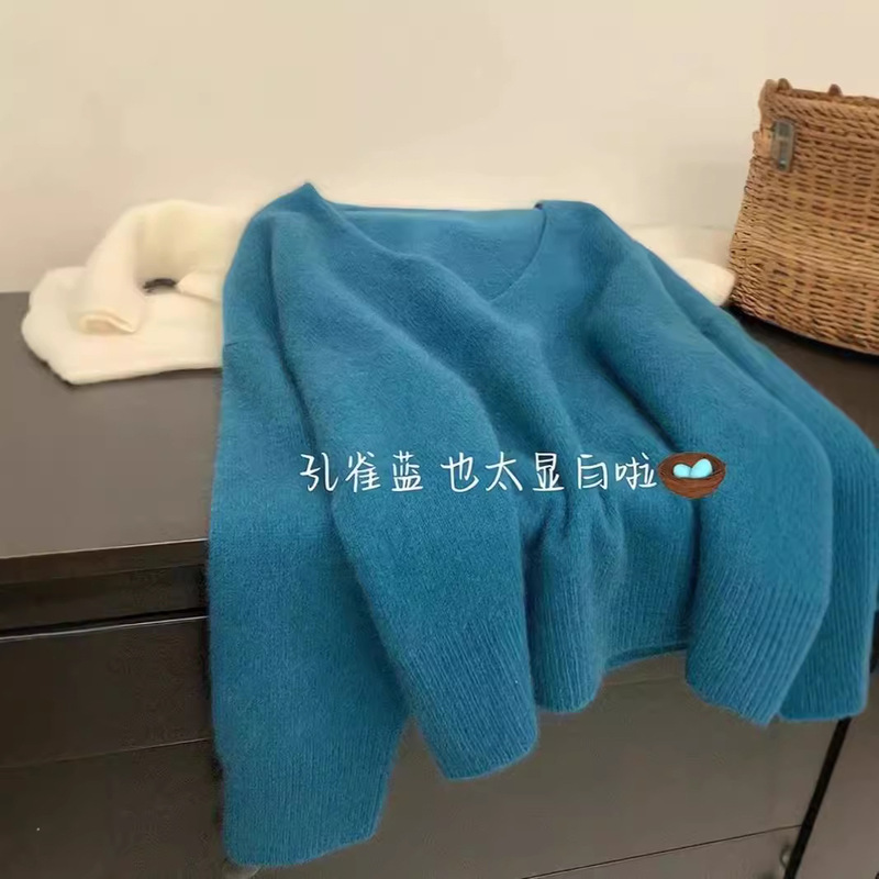 V-Neck Raccoon Fur Sweater for Women, Japanese and Korean Casual Simple Versatile Lazy Style Knit Pullover Raccoon Fur Sweater