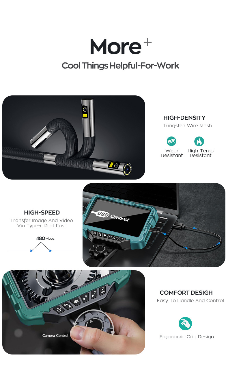 Industrial endoscope, dual lens, 360° rotatable, 7 inch screen, HD
