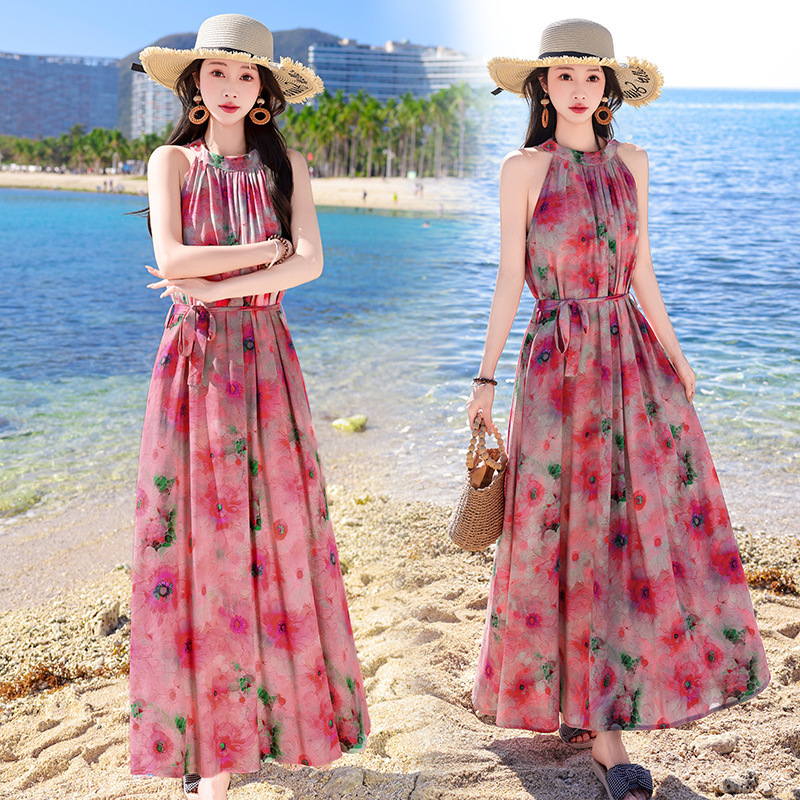 Bohemian Yellow Halter Neck Dress, Sleeveless Off-Shoulder Plus Size Long Dress, Perfect for Beach Vacation Photos