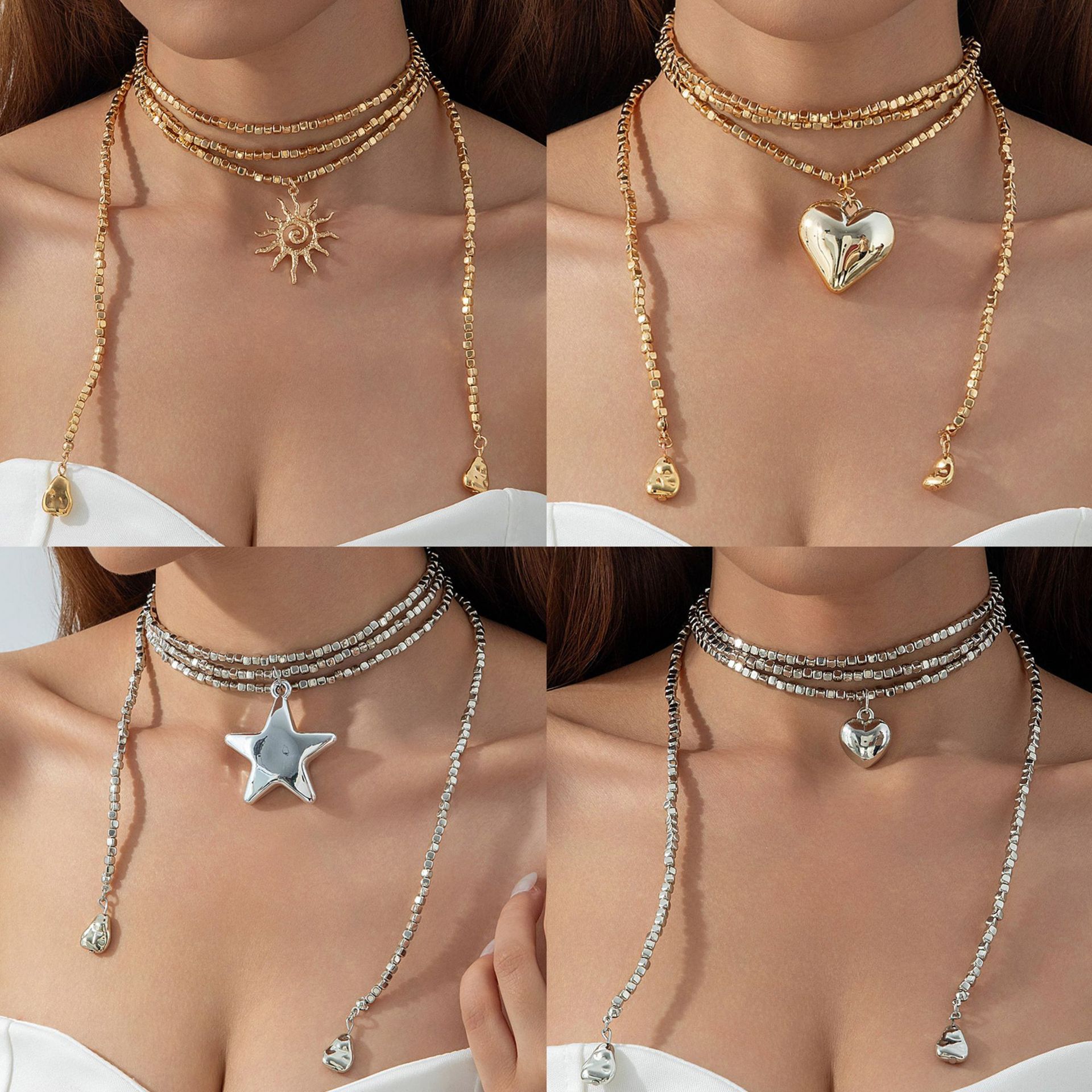 Europe and the United States cross-border cool all-match ins style encrusted diamond long stacked neck chain CCB shaped pendant necklace accessories women