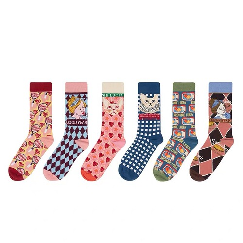 Trendy brand lolita French illustration cartoon literary female medium high-top retro pink cat cute girl socks