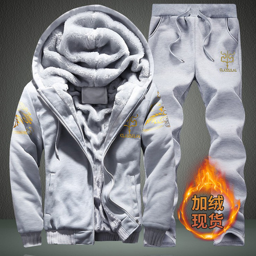 Overseas Foreign Trade Winter Fleece Lined Thick Men's Suit Set Casual Hooded Sweatshirt Set Men's Suit Hooded Jacket