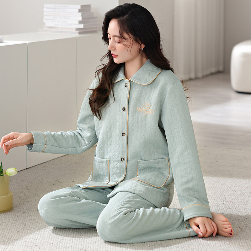 Air Cotton Sandwich Autumn and Winter Pajamas for Women Thickeneded Fleece-Lined Long-Sleeved Warm Home Clothes Thin Quilted Plus Size Suit