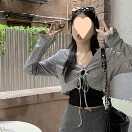 韩系风纯欲抽绳短款恤女春秋设计感挂脖背心长袖上衣两件套
