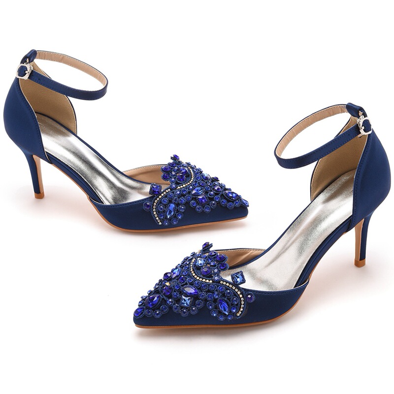 7cm Thin-heel plus-size sandals for foreign trade, party women's shoes, rhinestone pointed-toe high-heeled sandals, satin dress long skirt shoes