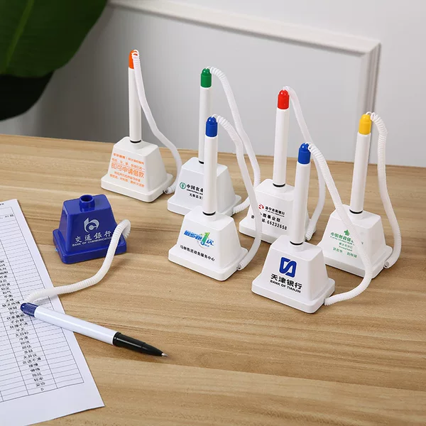 Bank Counter Window Fixed Signature Pen Advertising Plastic Neutral Writing Pen Spring Lanyard Desk Pen Custom Logo