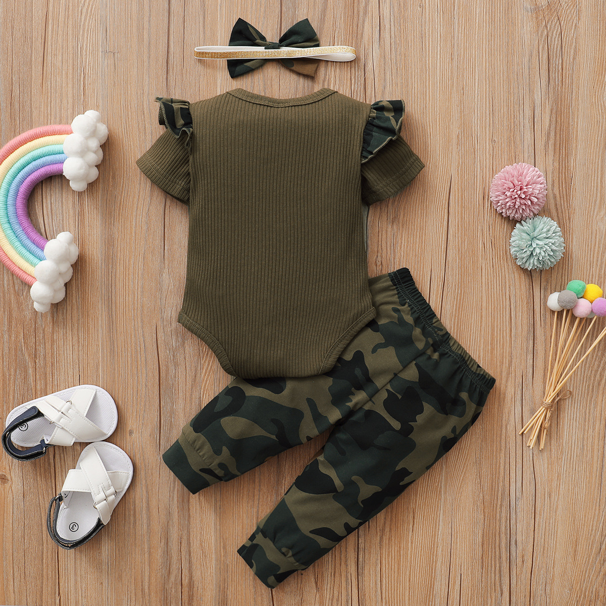 Daddy&#39;s Little Girl Bestickte Pit Strip Kurzarm Strampler Camouflage Hose Kopfbedeckung display picture 2