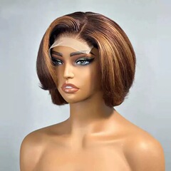 ヨーロッパとアメリカのウィッグクロスボーダーミドルパート女性用化学繊維ヘッドギアフロントレースウィッグボブヘッドショートカーリーヘアハイライト