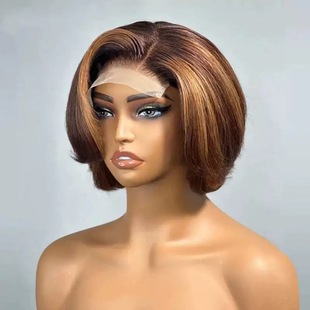 European and American Wigs Cross-Border Middle-Parted Women's Chemical Fiber Headgear, Lace Front Wig, Bob Short Curly Hair with Highlights