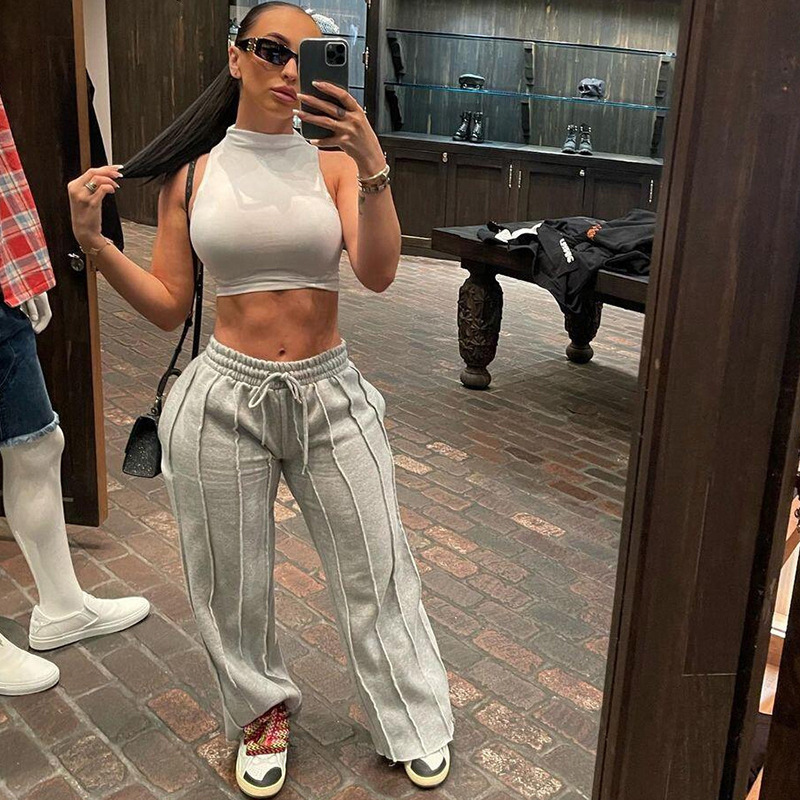 Women’s High-Waisted Striped Sweatpants – Retro Straight-Leg Joggers With Drawstring (Cotton-Polyester Blend, Grey/Black/Beige, S/M/L, Loose Fit)_voghion.com