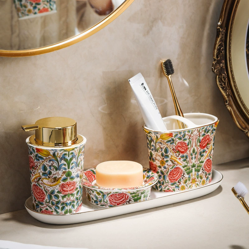 Ceramic set contains rose for home use, mouthwash for beloved, toothbrush, mousse