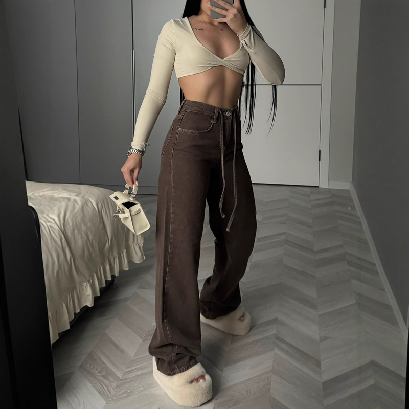 2025 Autumn New Brown Versatile Loose Straight Casual Fashion Trendy Brand Pencil Wide-Leg Jeans for Women