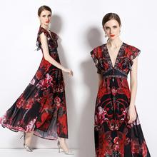 原创设计-2023度假风深V领雪纺连衣裙长裙