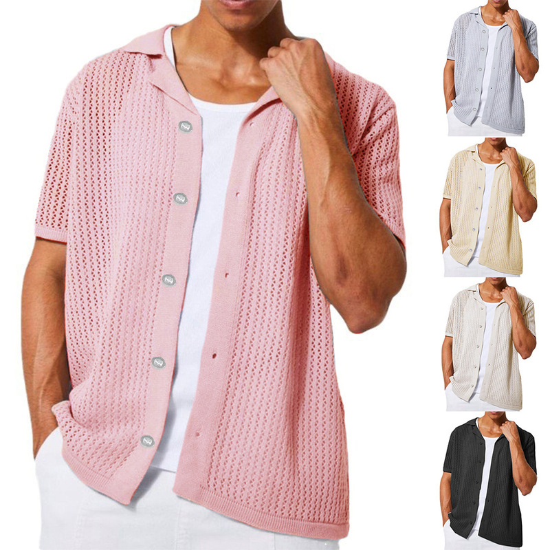 European and American Men's Casual Short-Sleeved Tops Knitted Shirts Summer New Solid Color Lapel Hollow Breathable Men's Clothing European and American Men's Casual Short-Sleeved Tops Knitted Shirts Summer New Solid Color Lapel Hollow Breathable Men's Clothing
