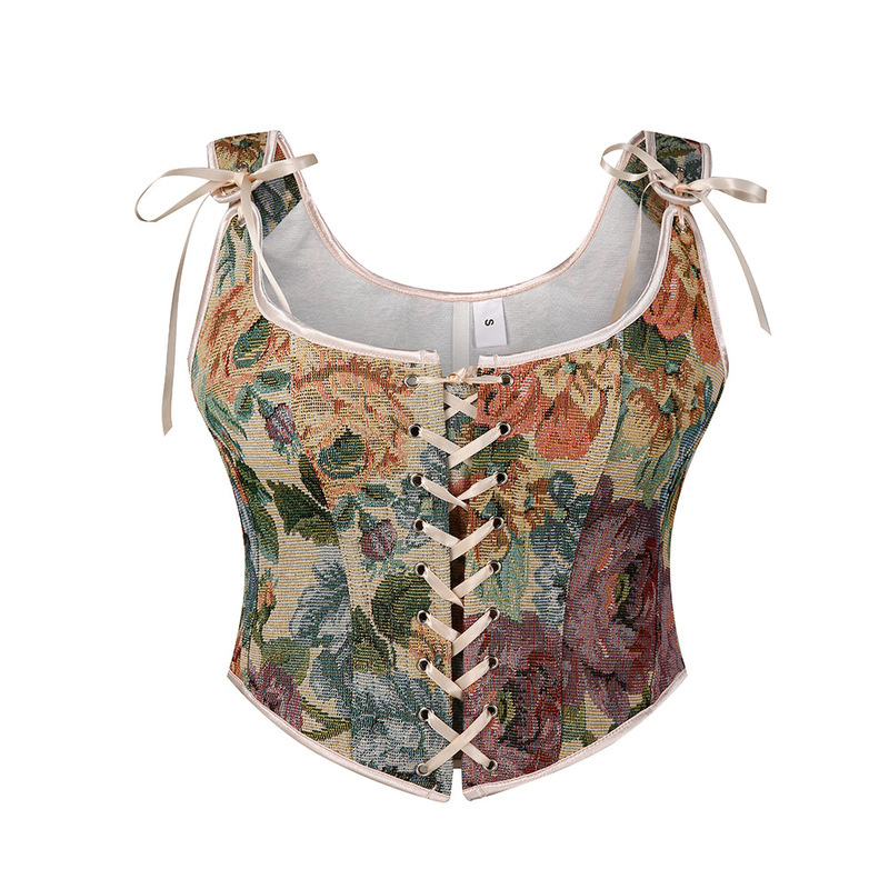 Cross-Border New French Front Strap Corset Retro Oil Painting Printed Corset Top Lace-Up Outer Vest Shapewear