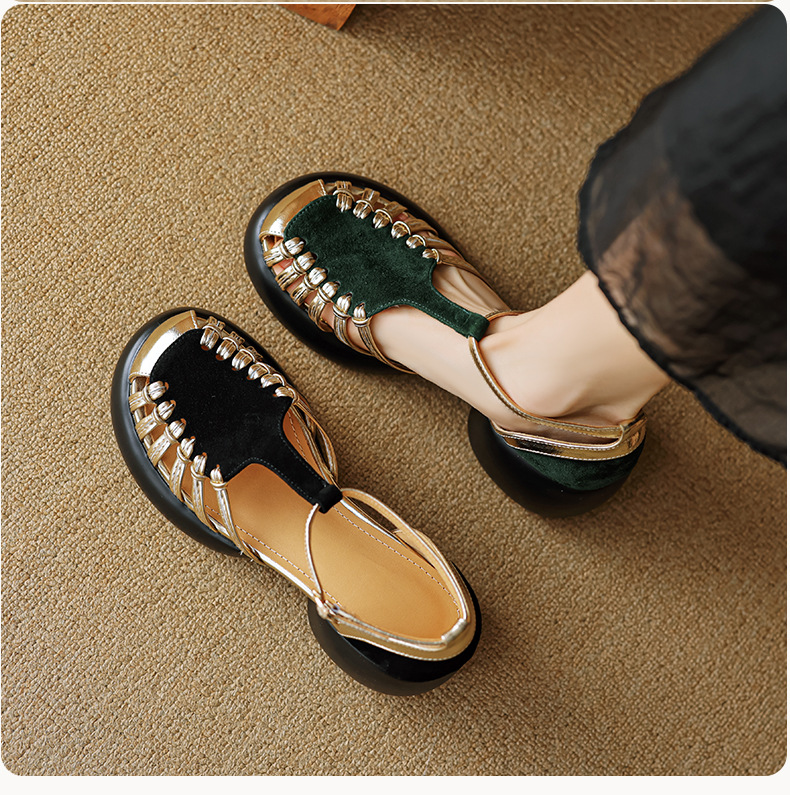 Sandal nữ quai ngang dệt mảnh da lộn, gót vuông ổn định, đế dày ghép màu — Màu đen chi tiết 3