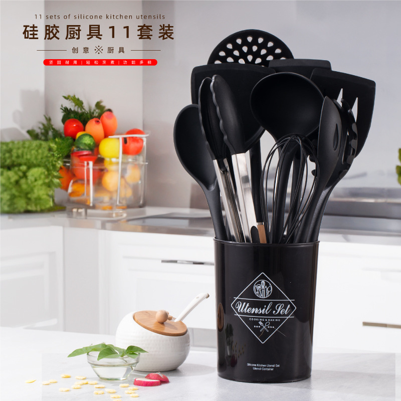 Kitchen Utensil Set of 11 Pieces with Wood Handle Silicone, European and American Style, Simple and Non-Stick Cookware Tool Set