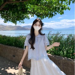 韓国インスタイル甘い年齢を減らすレーススプライシングシャツ女性の夏ブルー小さなベビードールシャツ美しいトップ