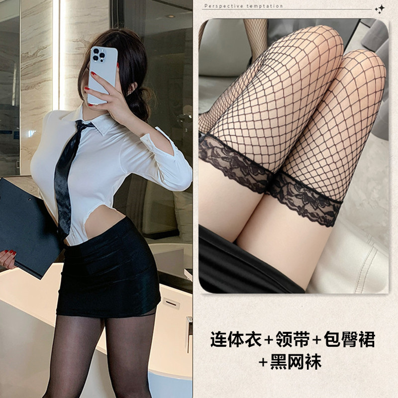 [히든버튼 가랑이 점프수트+넥타이] + 블랙 힙스커트 + 블랙 망사스타킹