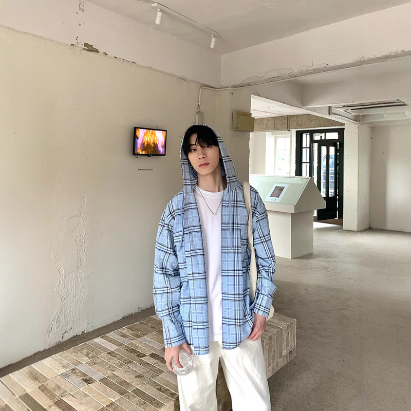 American-style Niche Simple Long-sleeved Plaid Hooded Shirt Men's Retro Loose Casual Trendy Sunscreen Hoodie Jacket Men's