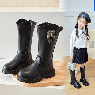 Girls' Boots 2025 Autumn and Winter New Kidsren's Boots British Style Single Boots Mid-Calf Boots Fleece-Lined Black Leather Boots Trendy
