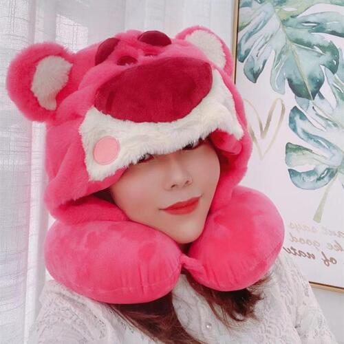 Cute Kuromi Strawberry Bear Multifunctional Hooded U-shaped Car Pillow Blackout PP Cotton Travel Aircraft Nap Neck Pillow