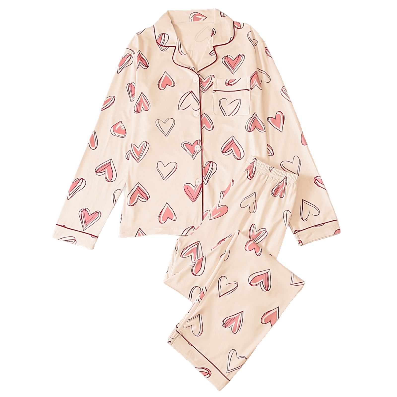 Conjunto de pijama de solapa para mujer: camiseta de manga larga y pantalón largo con estampado de corazones, ropa acogedora para el hogar._voghion.com