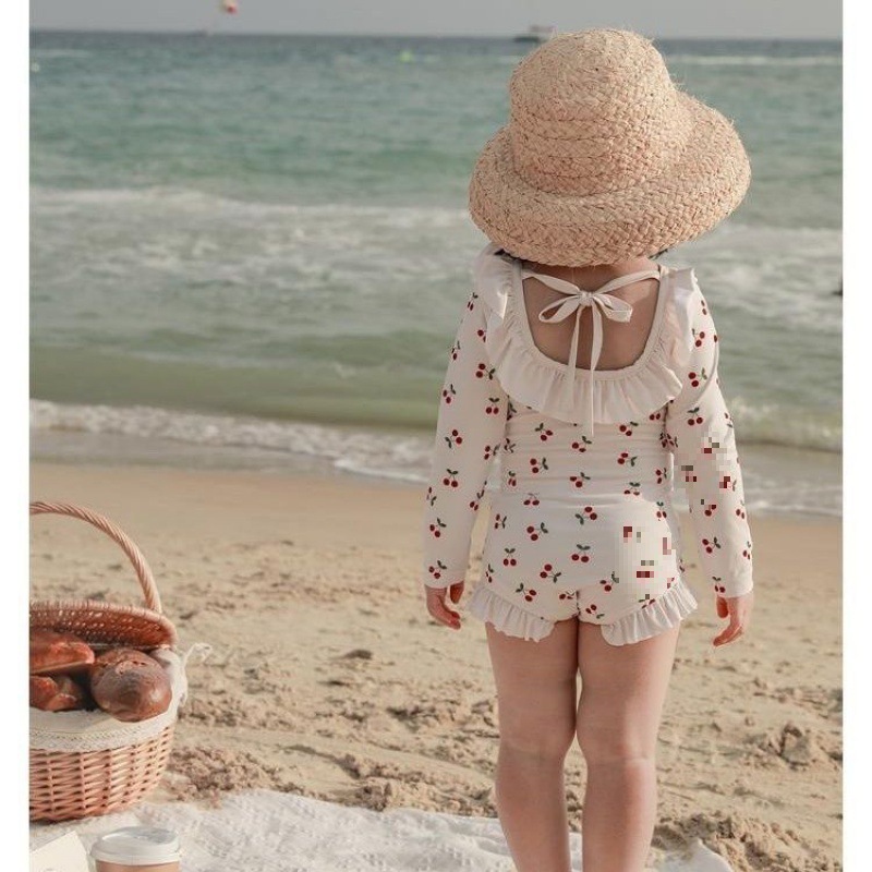 Girls Cute Cartoon Swimwear Baby Girl Backless One-Piece Swimsuit Children's Outing Long-Sleeved Sunscreen Beach Swimsuit