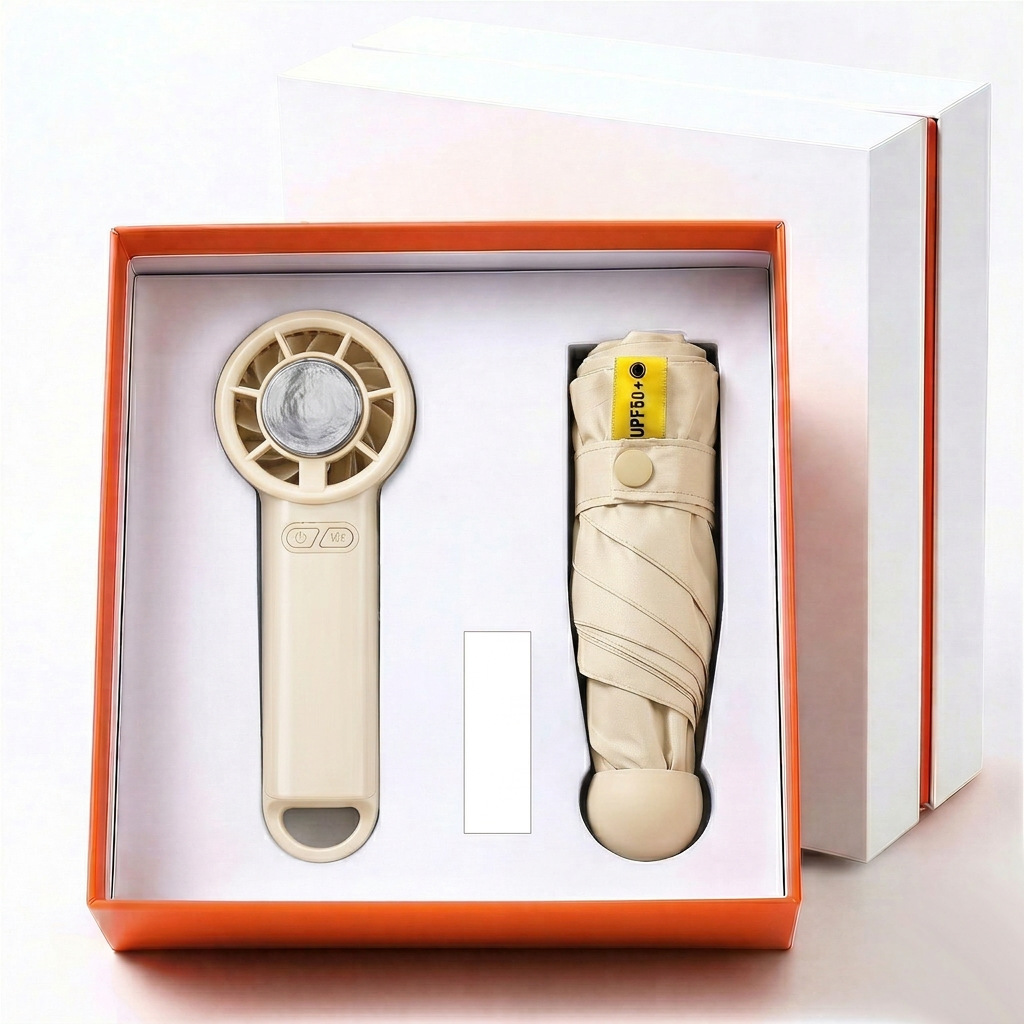 Set de regalo con mini ventilador USB recargable, paraguas, taza de agua, logotipo, regalo promocional empresarial para días festivos