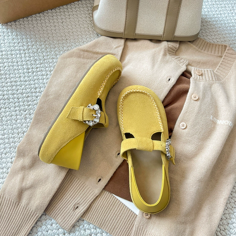 Донг Джие Same ретро кожаные босоножки Birkenstock для женщин в 2025 весна новые односторонние пробитые бобовые туфли толстая подошва двухсторонние одиночные туфли
