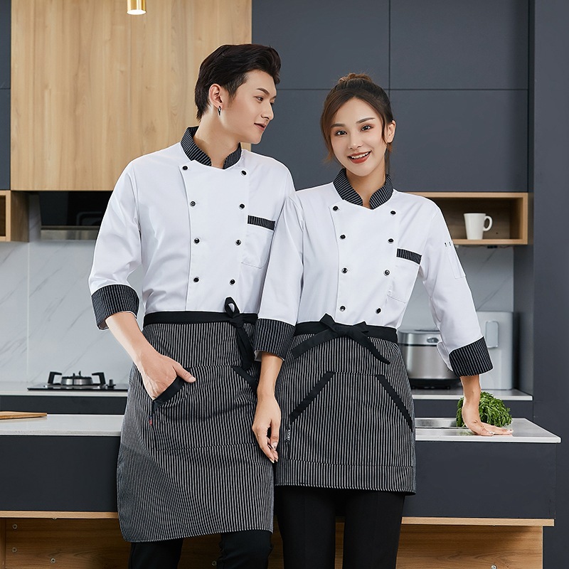 Black Striped Collar Long-Sleeved Chef Work Clothes for Women's Private Kitchen, Hotel, Restaurant, Canteen, Kitchen, Men's Custom Printed Logo