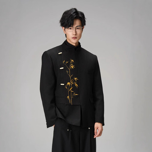 New Chinese Style Golden Bamboo Embroidered Vertical Collar Design Sense Suit Jacket Men's and Women's Same Style Zhongshan Suit Suit