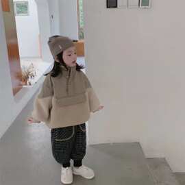 韩国冬款儿童棉衣男女宝宝宽松拼接羊羔毛加绒卫衣中小童加厚外套