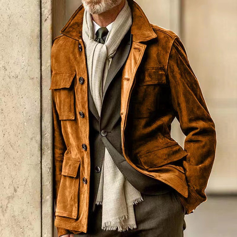 2023 nuevo europeo y americano transfronterizo primavera y otoño comercio exterior de los hombres de piel de vaca casual abrigo cazadora multi-Bolsillo