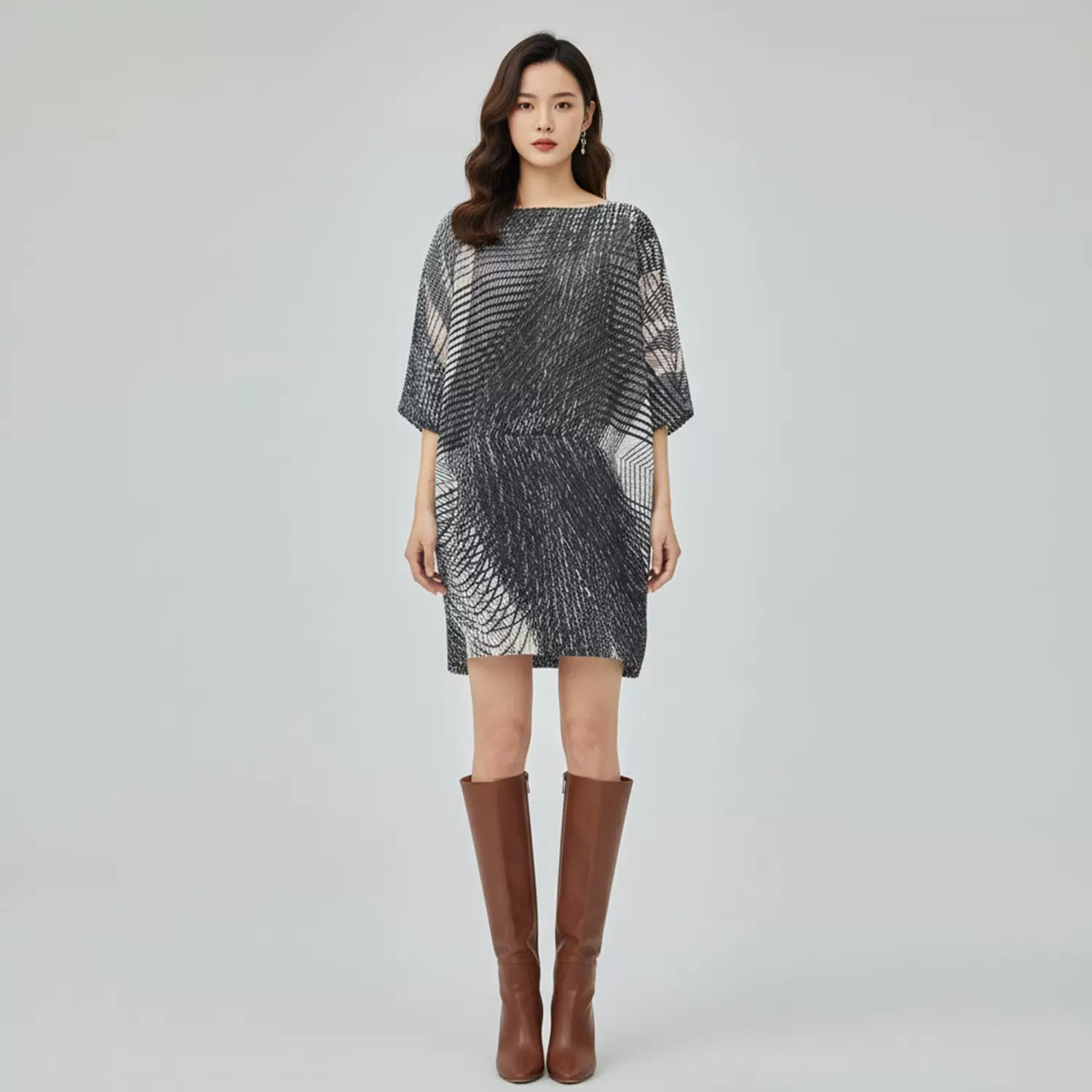 三宅风褶皱印花连衣裙女新款夏季一字领蝙蝠袖宽松大码中长款裙子