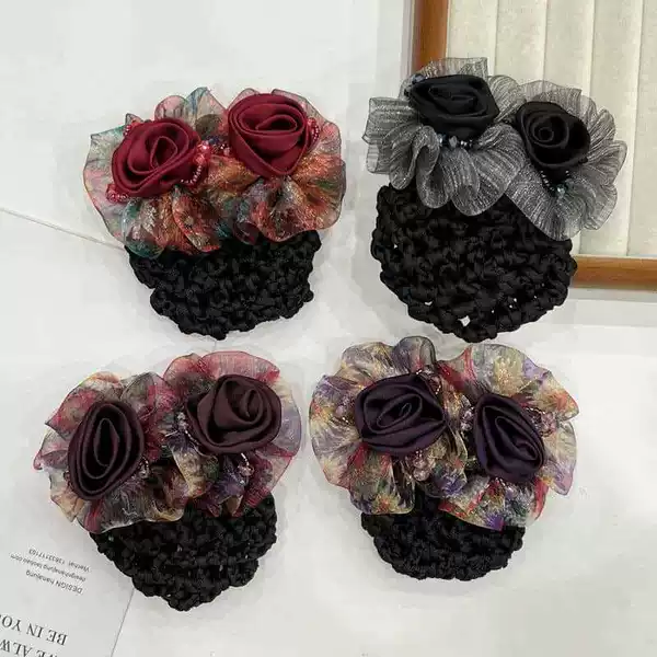 Non-Metallic Fabric Hair Accessories Net Bag High-End Double Flower Hair Net Hairpin Ponytail Clip Broken Hair Artifact Elegant Head Accessories