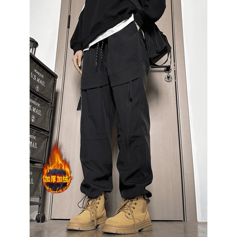 American Style Black Crock Pants Men's Autumn and Winter Small fleece-lined Thickened Pants Waterproof Windproof Outdoor Mountaineering Pants