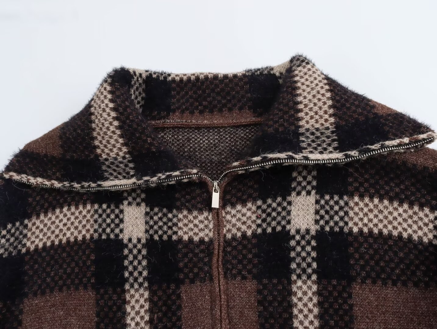 Women's clothing 2024 autumn and winter new street fashion plaid zipper sweater jacket_voghion.com